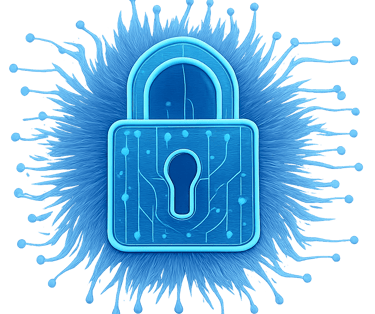 Abstract blue illustration of a digital padlock on a circuit-like background.