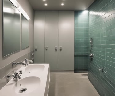 Hostel dorm room with bunk beds and ocean-themed decorations.