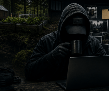 A hooded person using a laptop in a dark forest setting with a log cabin background and evidence board.