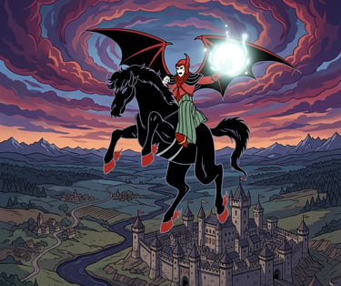 Ilustração de fantasia sombria do Vingador cavalgando um cavalo preto sobre um castelo medieval ao p