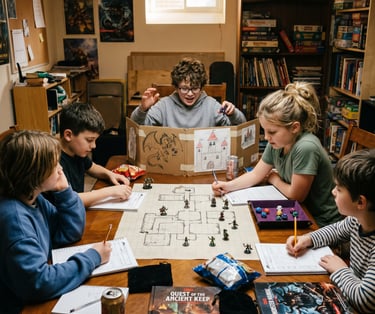 Crianças jogando um jogo de RPG de mesa Dungeons and Dragons com miniaturas e dados ao redor de uma