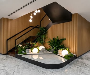 Indoor staircase garden feature with sphere lights – Yie Yang Landscape, Malaysia