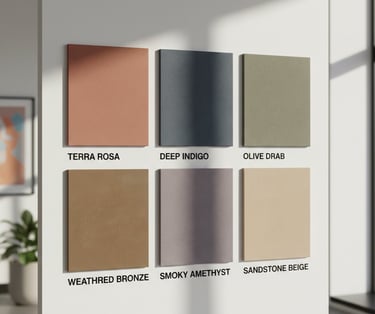 Interior design color palette display featuring six matte texture wall paint swatches in earthy tones.