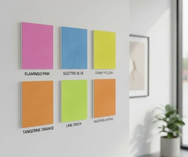 Six colorful acoustic wall panels in pink, blue, yellow, orange, and green for interior design decor.