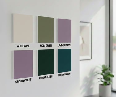 Minimalist interior wall featuring six square paint color swatches in green, purple, and cream tones.