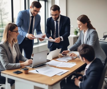 A confident leader speaking to a diverse team during a meeting.