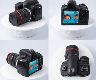 Torta 3D realista de cámara fotográfica creada por Cocina con Ely, elaborada artesanalmente en fonda
