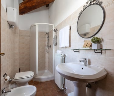 Rustic bathroom interior with a white pedestal sink, tiled shower, bidet, and oval mirror with a decorative frame.