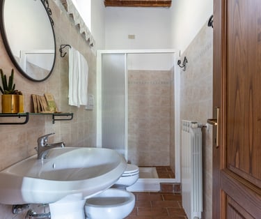 Modern rustic bathroom interior with white ceramic sink, bidet, and glass walk-in shower stall.