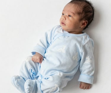 A newborn baby in white pajamas lying on a crescent moon pillow surrounded by stars.