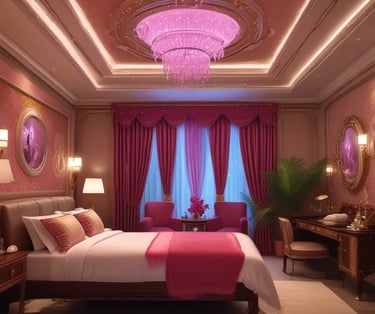 A beautifully arranged bed with colorful pillows and soft lighting.