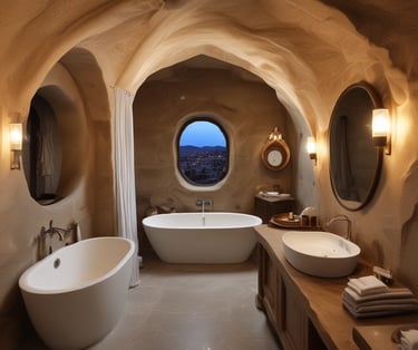 Balcony view overlooking the illuminated hotel facade with fantasy-themed lighting.
