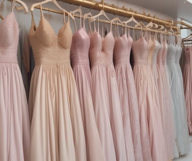 Flowing gowns in rich wine red fabric draped gracefully on a dress form in natural light.