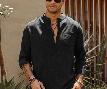 a man in a long sleeve black shirt and white pants