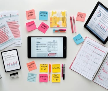Email marketing strategy planning materials and analytics on desk