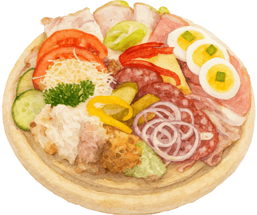 Eine Bretteljause mit Fleisch, Gemüse & Aufstriche