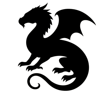 Black silhouette of dragon with curled tail and wings
