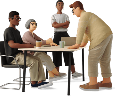 a woman standing in front of a table with a man and a woman sitting at