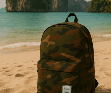 a Herschel camo backpack sitting on the sand of a beach in Thailand