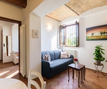 a living room with a couch and a table