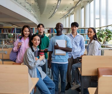 Diverse group of university students smiling in a modern library with books and study desks.