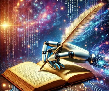 Una mano robótica futurista sostiene una pluma mientras escribe en un libro antiguo, simbolizando la