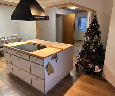 a kitchen with a christmas tree 