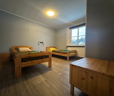 a bedroom with two beds and a dresser