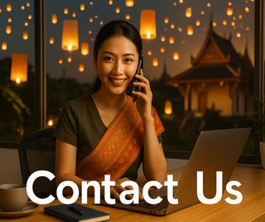 Smiling Thai woman in traditional dress assisting customers by phone at GoThaiBooking contact center