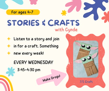 Stories & Crafts is this Wednesday at 3:45. Make Grogu!
