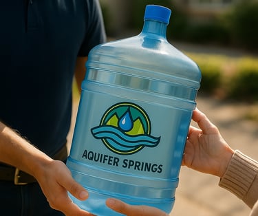 Man in blue polo and jeans handing Aquifer Springs jug to woman in sweater outdoors.