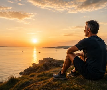 Homme 40/50 ans contemplant le coucher du soleil sur l'océan du côté de la presqu'île de Rhuys en Bretagne