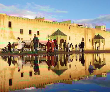 a group of people walking around a building