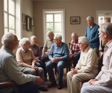 An older person with white hair is sitting in a wheelchair facing away in a cozy indoor setting. A small wooden table nearby holds a glass mug of tea placed on a coaster. The background features some home furnishings and decorative elements.
