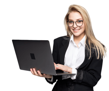 a woman in a suit and glasses holding a laptop