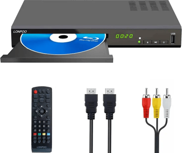 LONPOO LP-100 Reproductor de BLU-Ray/DVD Disc para TV (Full HD 1080P, Salida HDMI/AV/Coxical)