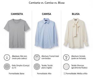 como diferenciar blusa de camisa e camiseta