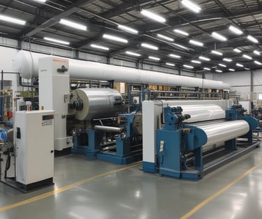 A minimalist packaging bag with a graphic design in light pink and orange hues. The print includes abstract shapes and a tree, with a circular red seal at the top center.