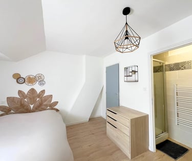 Chambre double lumineuse proche salle d’eau, logement professionnel