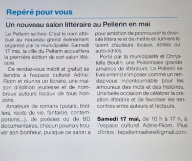 Article : un nouveau salon littéraire au Pellerin en mai.