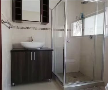 a bathroom with a sink and a shower