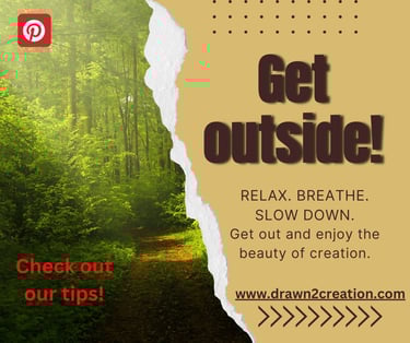 a forest path on the left and text on the right saying to get outside and relax