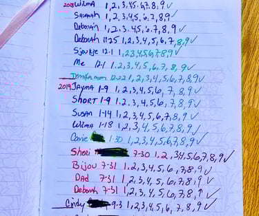 Page from my Prayer/Meditation Book. Colorful ink marks numbers by each name.