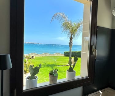 Panoramic sea view from kitchen window with palm tree and garden in Siracusa, Sicily villa