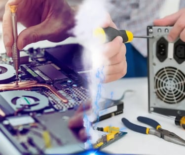 Es una banner o imagen de un tecnico tocando una placa de PC o notebook y un enlace a mi servicio te