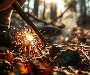 Close-up of flint striking steel, creating sparks in a rugged wilderness setting, surrounded by dry 