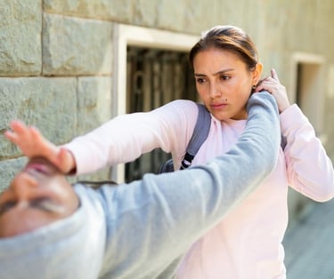 Woman diverts assailants attack and counters with a palm strike to the chin..