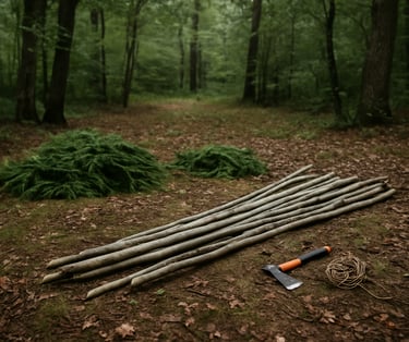 Supplies laid out to build wilderness shelter using pine branches and logs