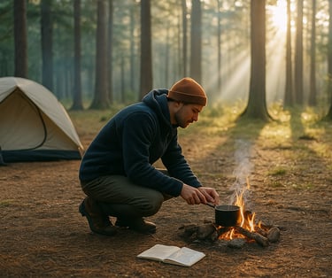 Camper kneeling at fire in forest next to tent preparing for warmth food and survival in early morning wilderness setting