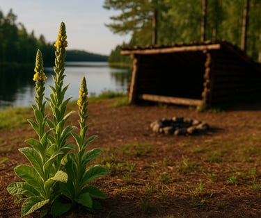 Wild white flowers and plantain leaves near lake beside rustic foraging shelter and wooded area